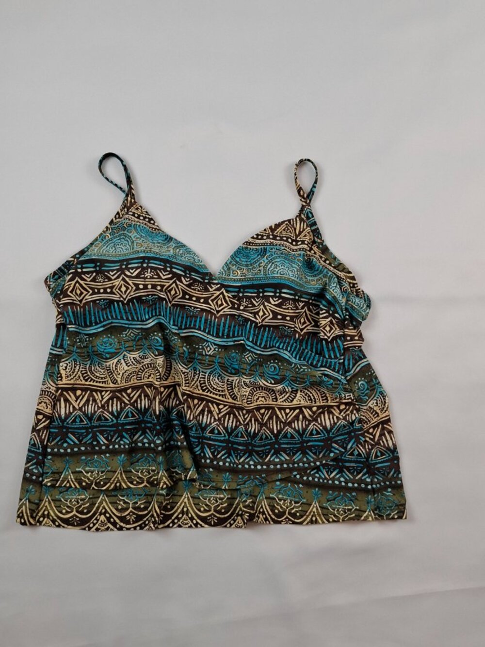 Christina Plus Sz 3X Tankini Top Swimwear Brown Teal GeoPrint V-Neck Wrap Front